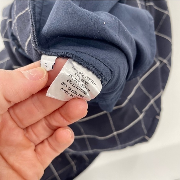 PEARL Lela Rose Navy Blue Checkered Plaid Long Sleeve Collared Minimal Jumpsuit - Picture 8 of 13